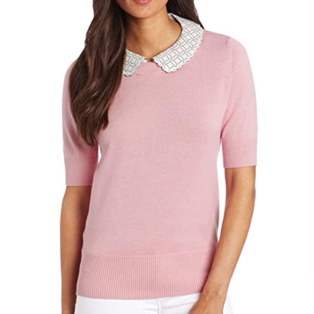 Pink Tartan Pink Short-Sleeve Sweater Top with Decorative Peter Pan Collar